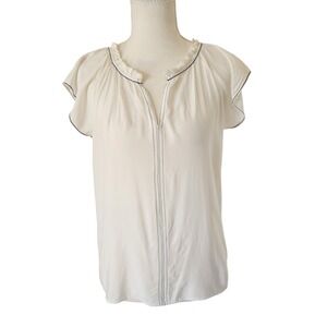 LOFT Outlet White Ruffle V-Neck Short Sleeve Top Womens XS Rayon Stitched Detail